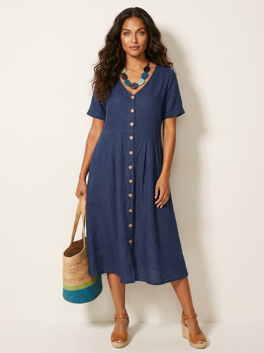 Midi jurk met knoopsluiting en zijzakken in marineblauw