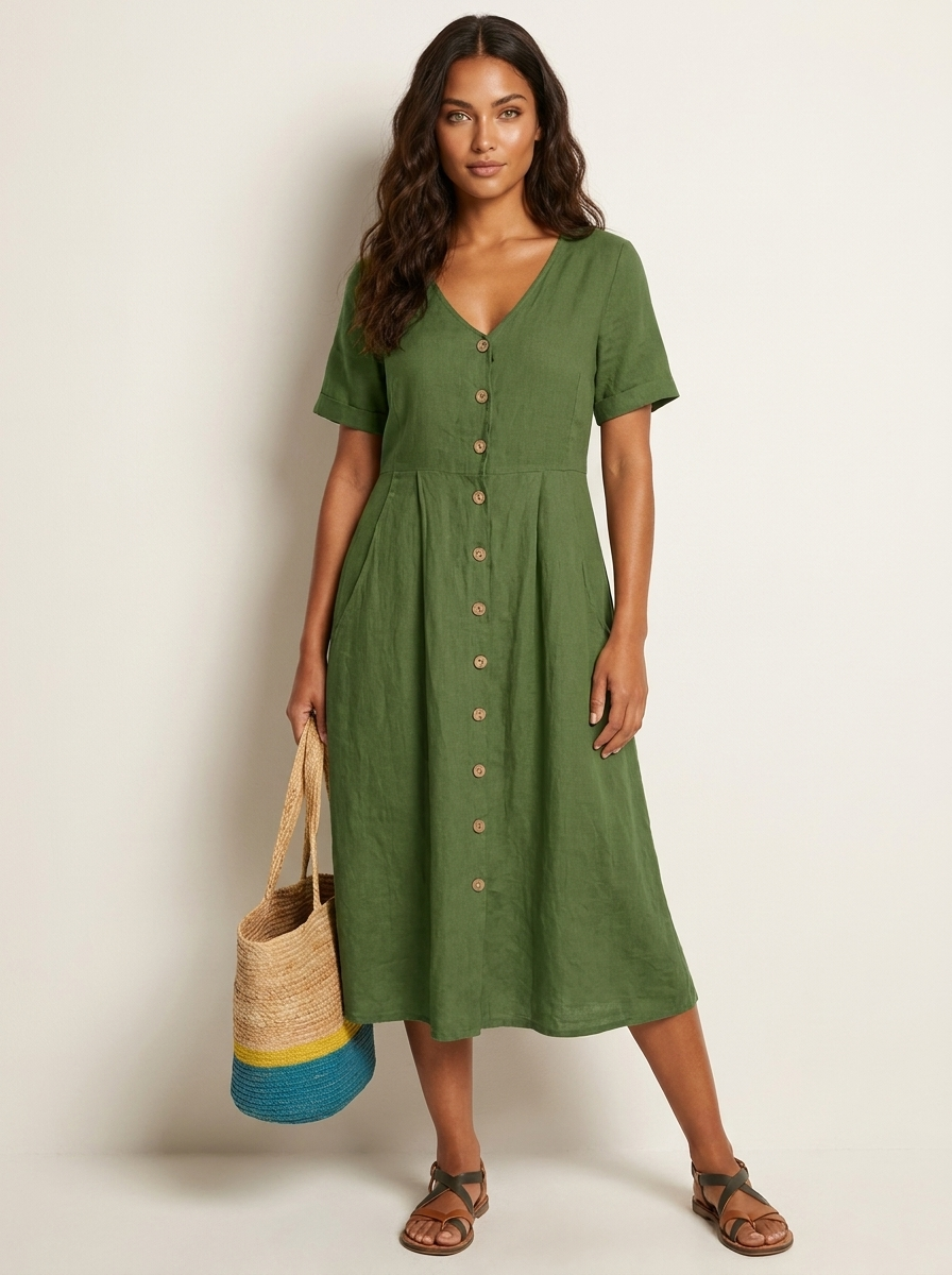 Midi jurk met knoopsluiting en zijzakken in groen