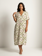 Luchtige midi jurk met natuurprint en V-hals in bloem 13