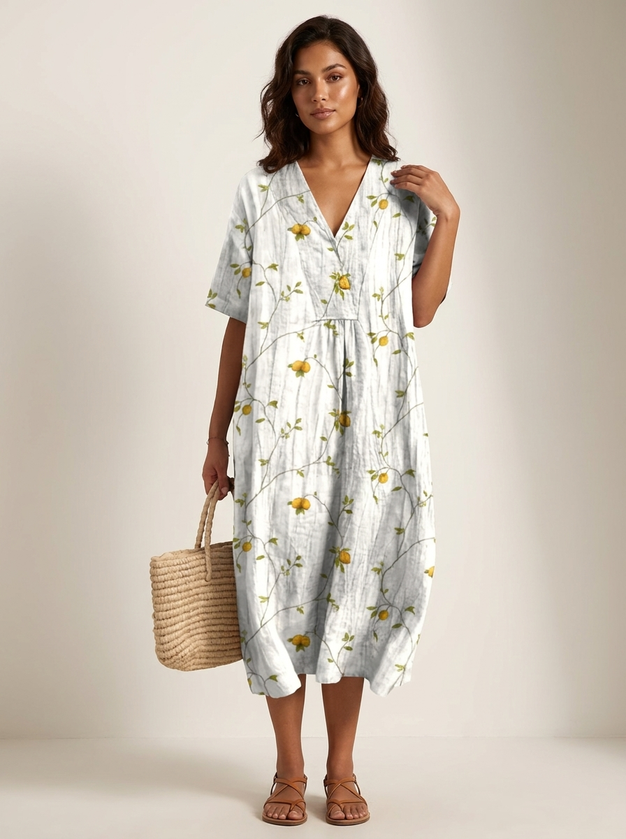 Luchtige midi jurk met natuurprint en V-hals in bloem 8
