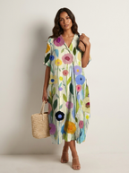 Luchtige midi jurk met natuurprint en V-hals in bloem 9
