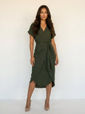 Midi jurk met overslaghals en strikdetail voor dames in donkergroen
