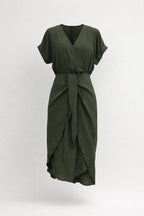 Midi jurk met overslaghals en strikdetail voor dames in donkergroen