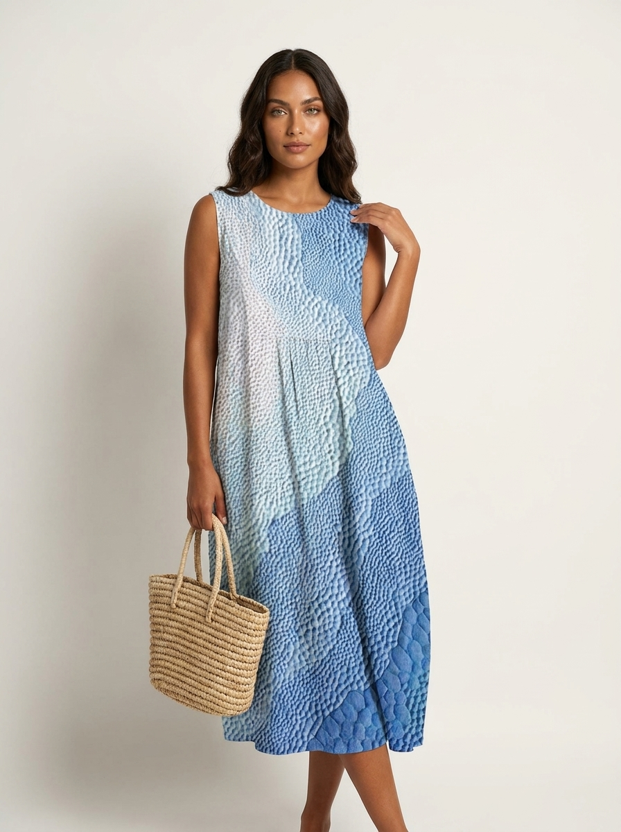 Luchtige midi jurk met print en steekzakken in blauw 1