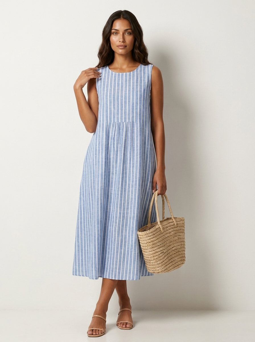 Luchtige midi jurk met print en steekzakken in blauw 3