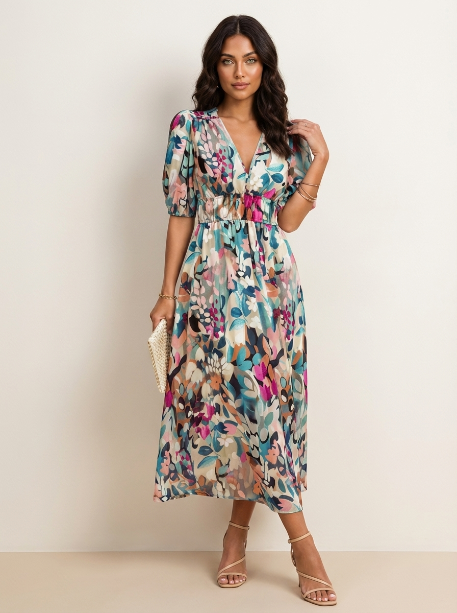 Midi jurk met print en V-hals in bloemig
