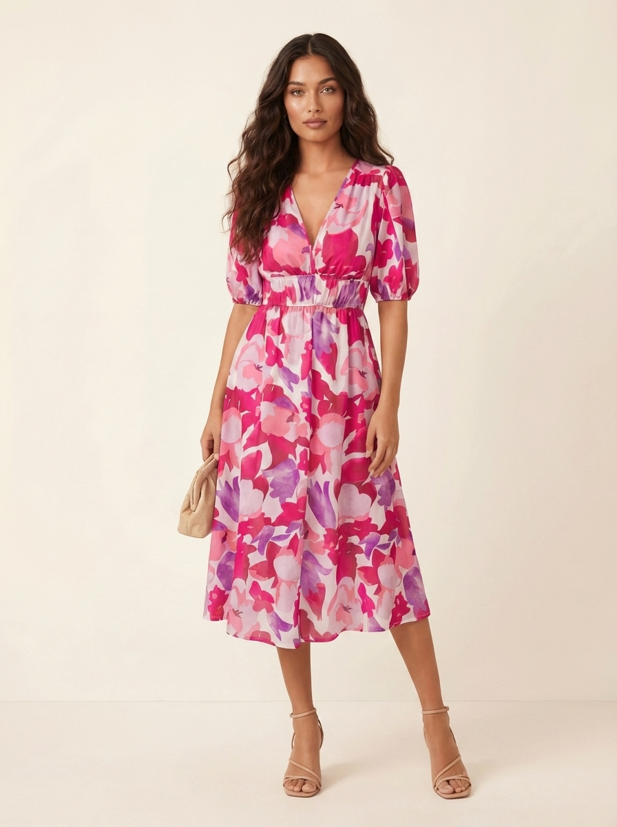 Midi jurk met print en V-hals in roze