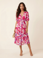 Midi jurk met print en V-hals in roze