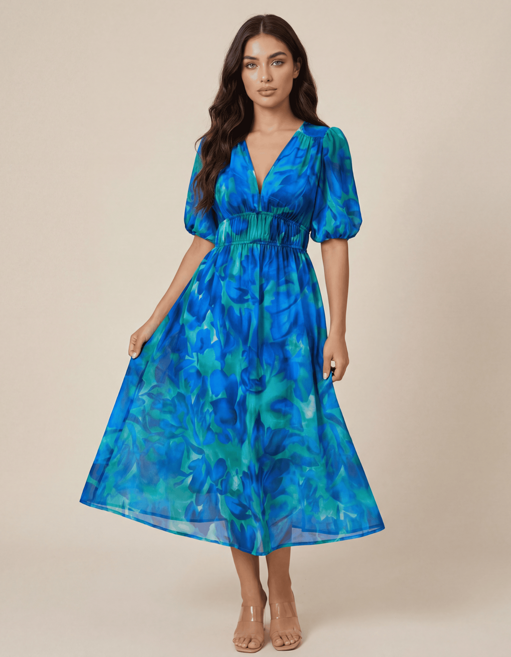 Midi jurk met print en V-hals in blauw