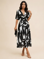 Midi jurk met print en V-hals in zwart