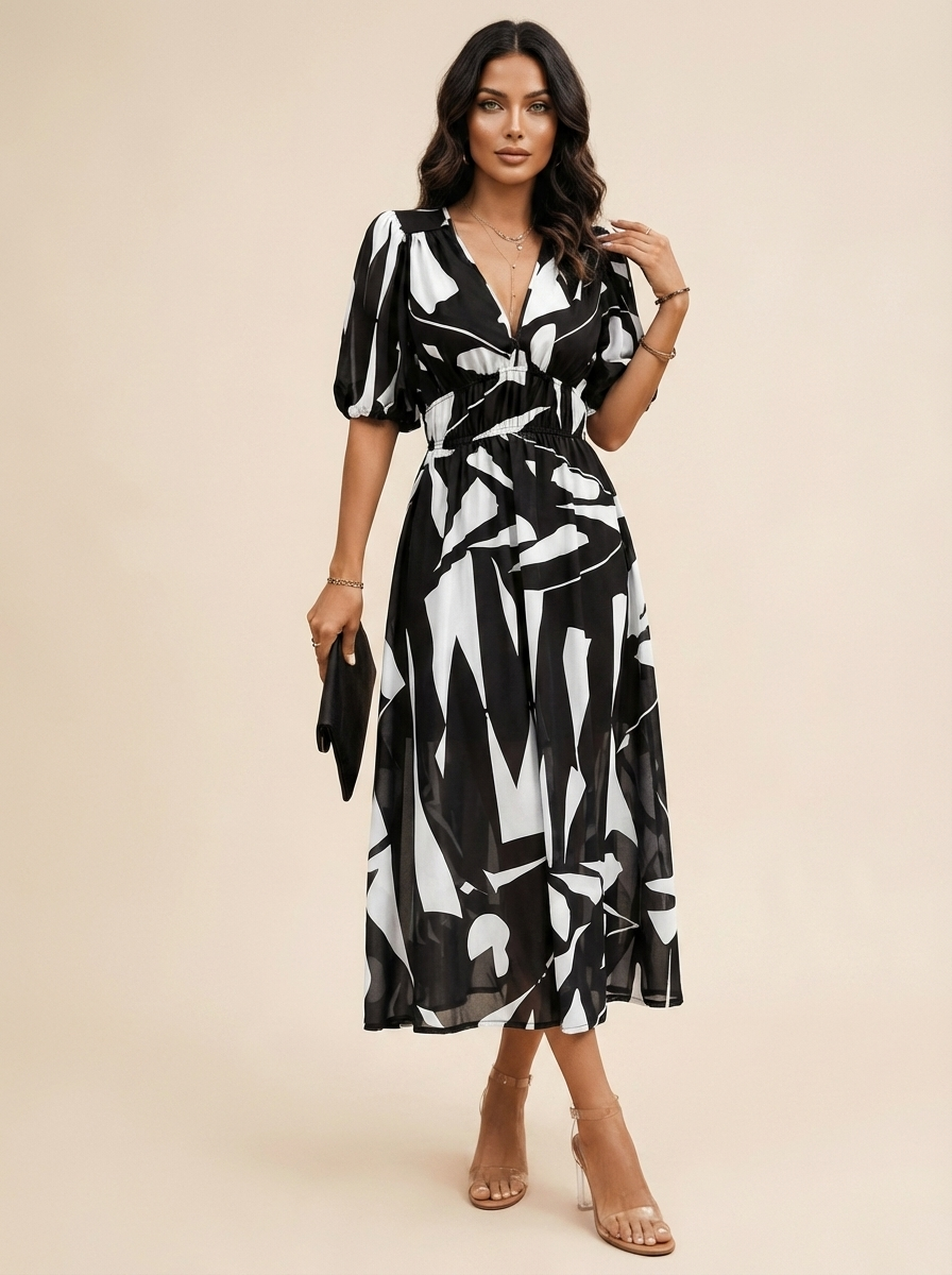 Midi jurk met print en V-hals in zwart