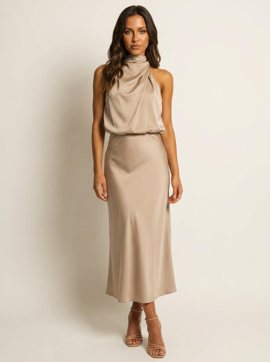 Midi jurk met satijnlook en halterhals voor dames in abrikoos
