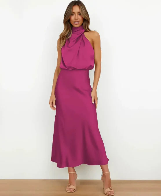 Midi jurk met satijnlook en halterhals voor dames in roze