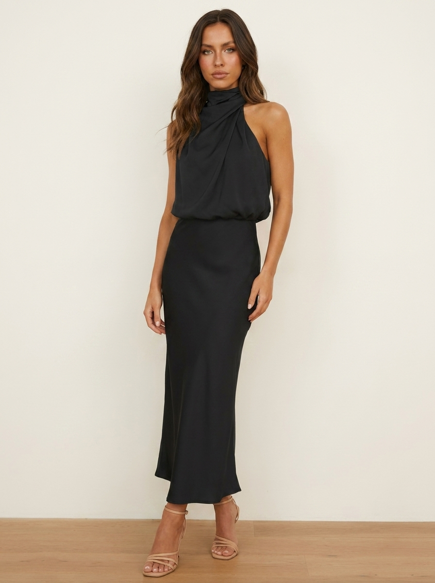 Midi jurk met satijnlook en halterhals voor dames in zwart