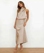 Midi jurk met satijnlook en halterhals voor dames
