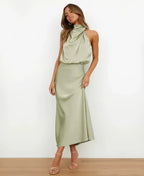 Midi jurk met satijnlook en halterhals voor dames in lichtgroen