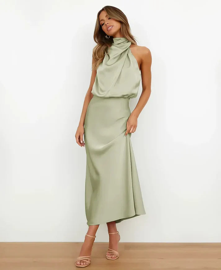Midi jurk met satijnlook en halterhals voor dames in lichtgroen