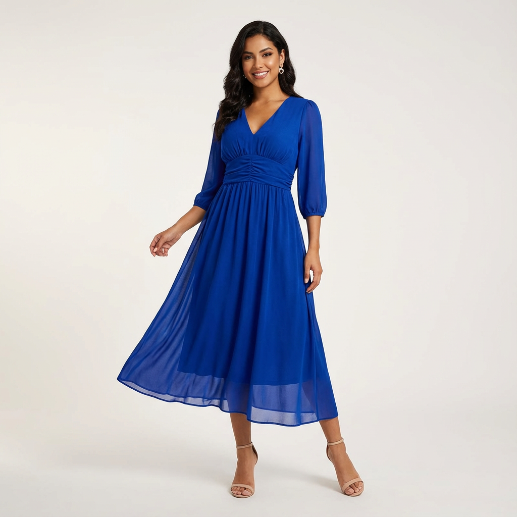 Midi jurk met V-hals en geplooide taille voor dames in blauw
