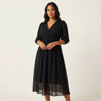 Midi jurk met V-hals en geplooide taille voor dames in zwart