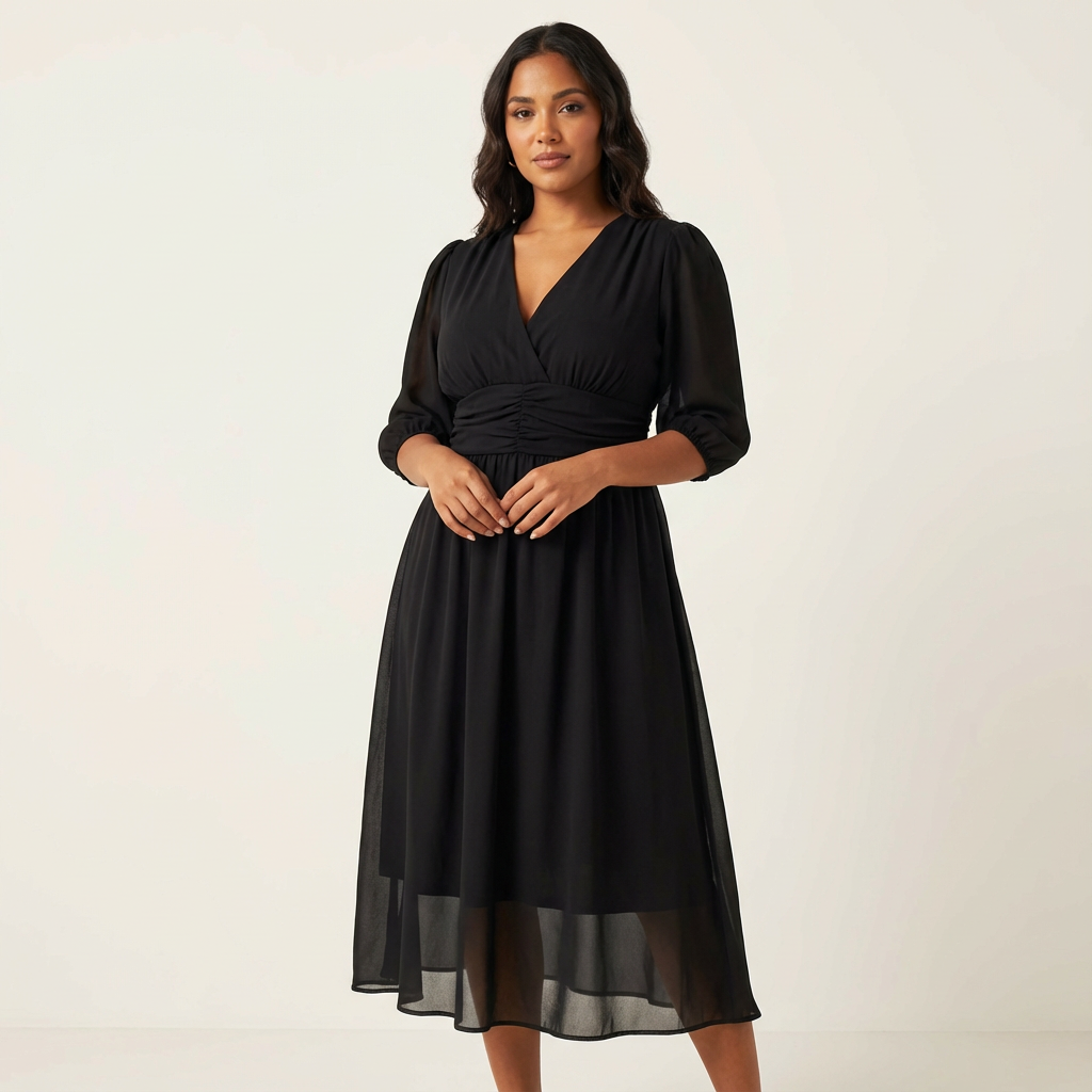 Midi jurk met V-hals en geplooide taille voor dames in zwart