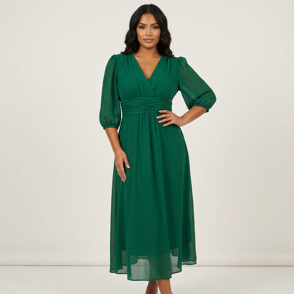 Midi jurk met V-hals en geplooide taille voor dames in groen