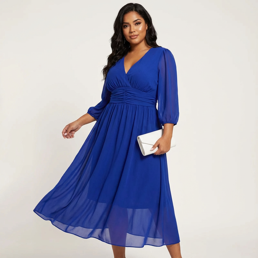 Midi jurk met V-hals en geplooide taille voor dames