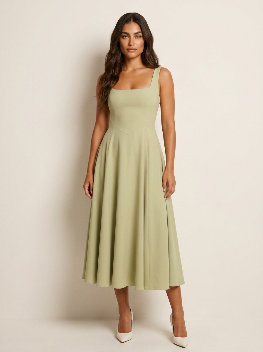 Elegante midi jurk met vierkante halslijn in lichtgroen