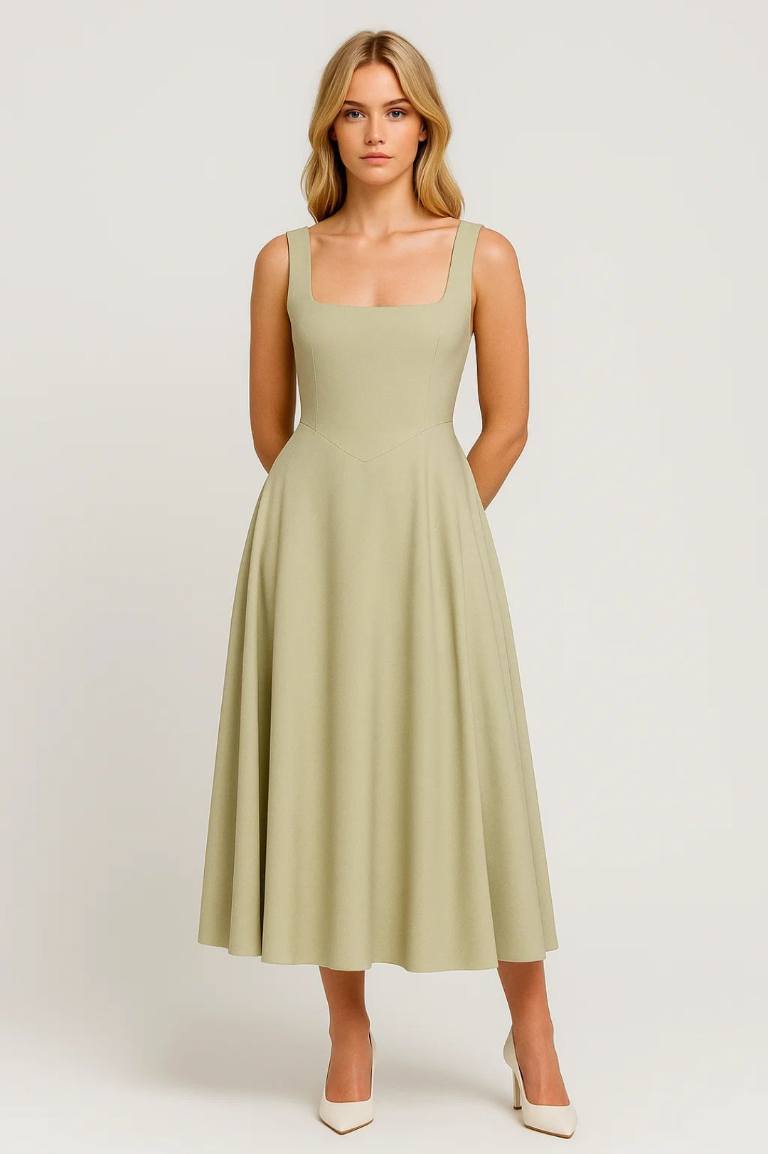 Elegante midi jurk met vierkante halslijn