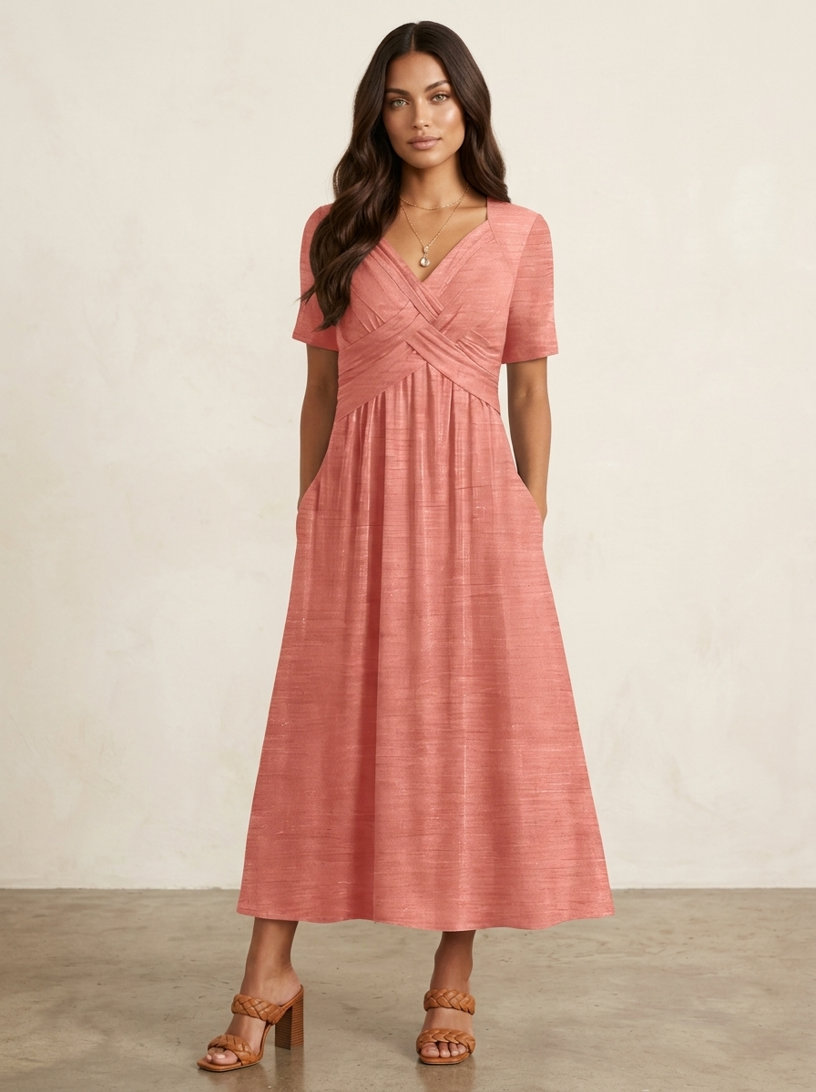 Midi jurk met overslaghals en steekzakken voor dames in roze