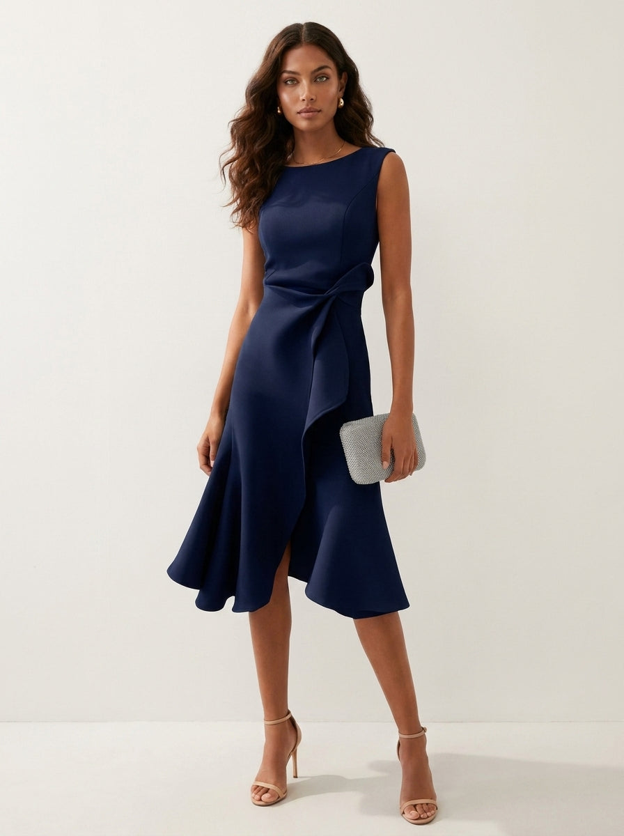 Aansluitende midi jurk met tailleaccent voor dames in donkerblauw