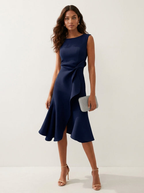 Aansluitende midi jurk met tailleaccent voor dames in donkerblauw