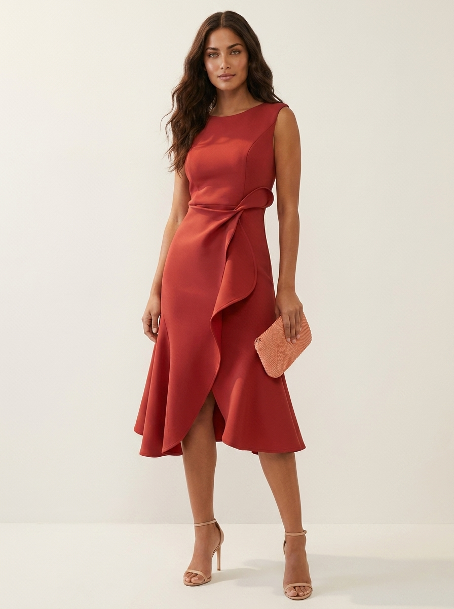 Aansluitende midi jurk met tailleaccent voor dames in rood