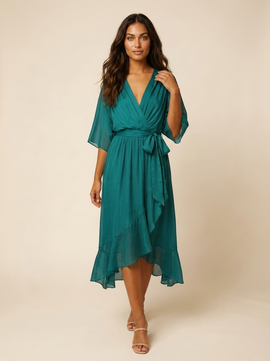 Midi wikkeljurk met ceintuur en V-hals in turquoise