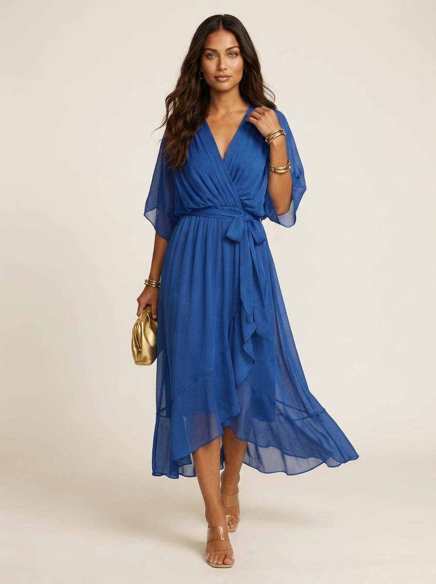 Midi wikkeljurk met ceintuur en V-hals in blauw