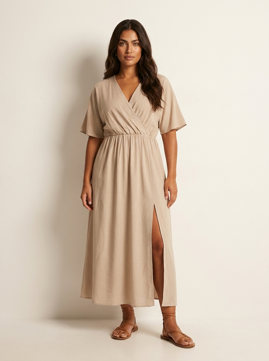 Midi wikkeljurk met korte mouwen en split in beige