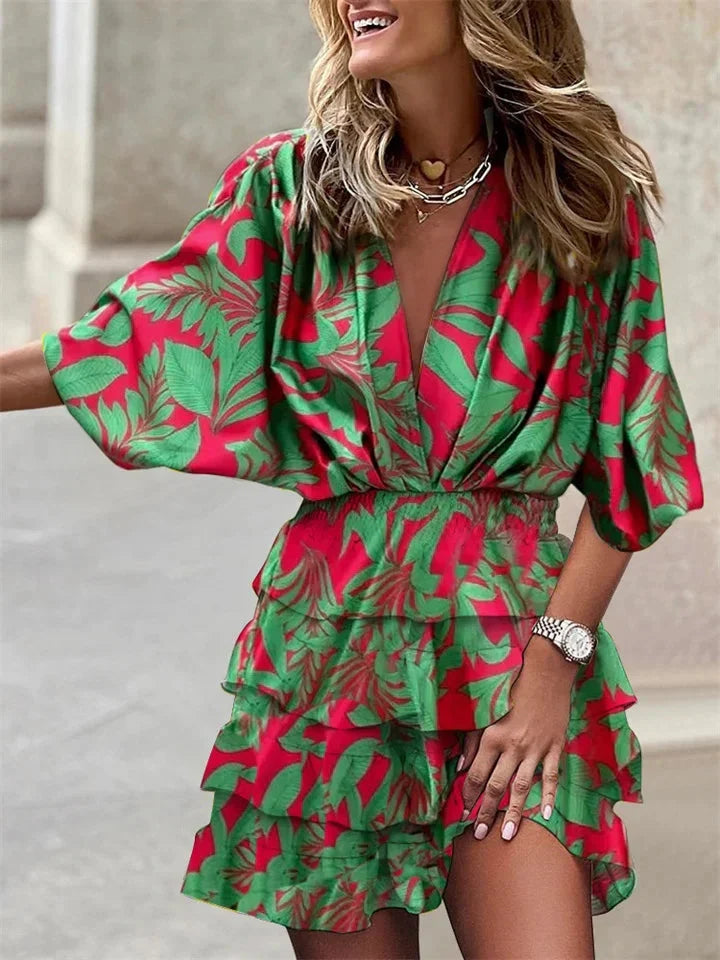 Mini jurk met bohemian print, V-hals en ruches voor dames