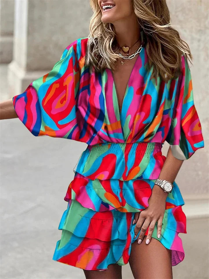 Mini jurk met bohemian print, V-hals en ruches voor dames