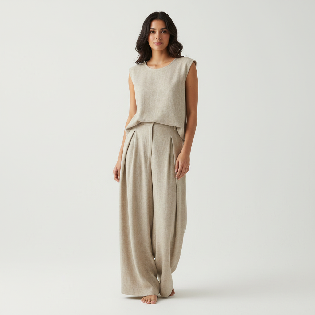 Minimalistische set met mouwloze top en soepele broek voor dames in beige