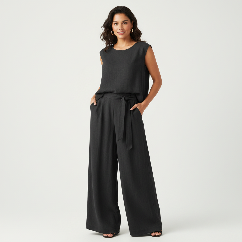 Minimalistische set met mouwloze top en soepele broek voor dames in zwart