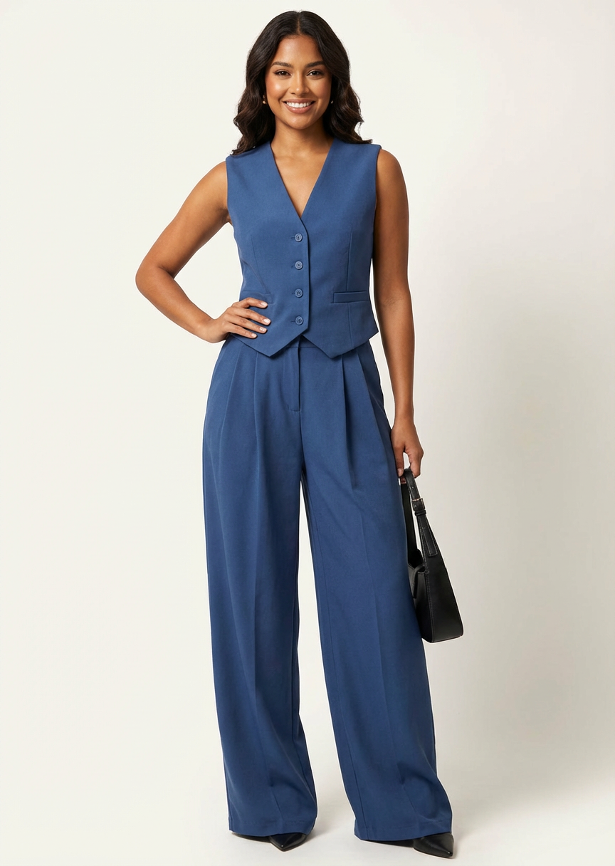 Mouwloos blazerpak met soepel vallende pantalon voor dames in blauw
