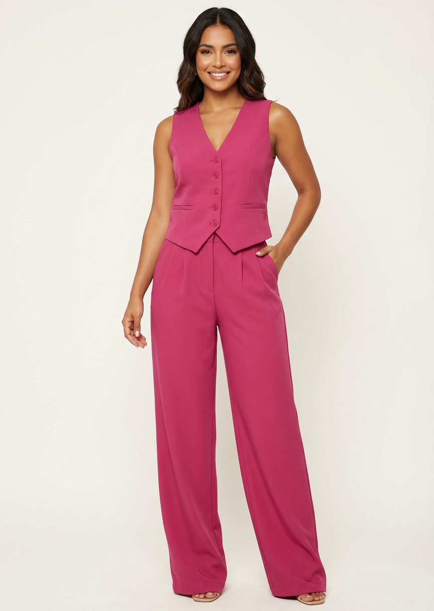 Mouwloos blazerpak met soepel vallende pantalon voor dames in roze