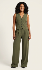 Mouwloos blazerpak met soepel vallende pantalon voor dames in legergroen