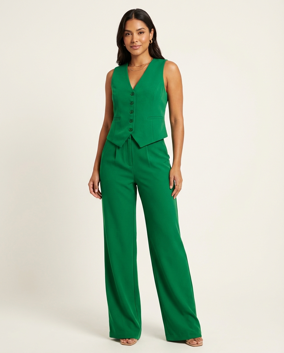 Mouwloos blazerpak met soepel vallende pantalon voor dames in groen