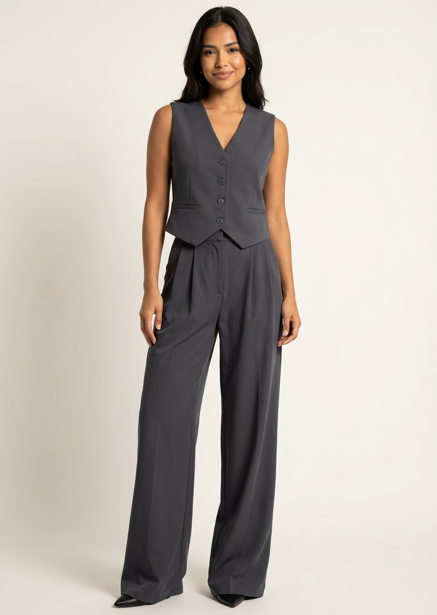 Mouwloos blazerpak met soepel vallende pantalon voor dames in donkergrijs