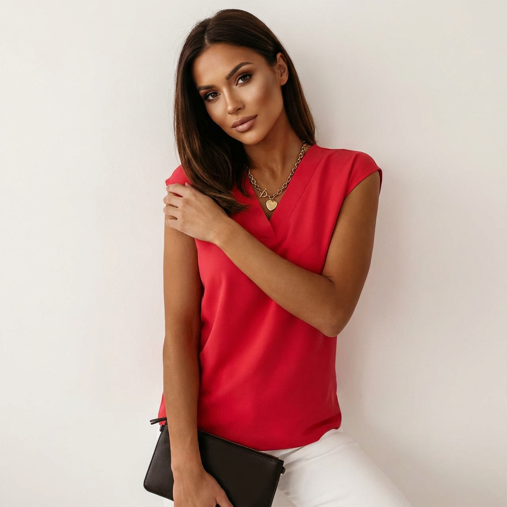 Mouwloze blouse met V-hals in rood