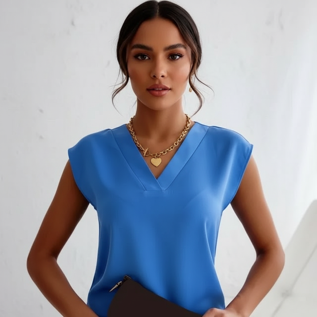 Mouwloze blouse met V-hals in blauw