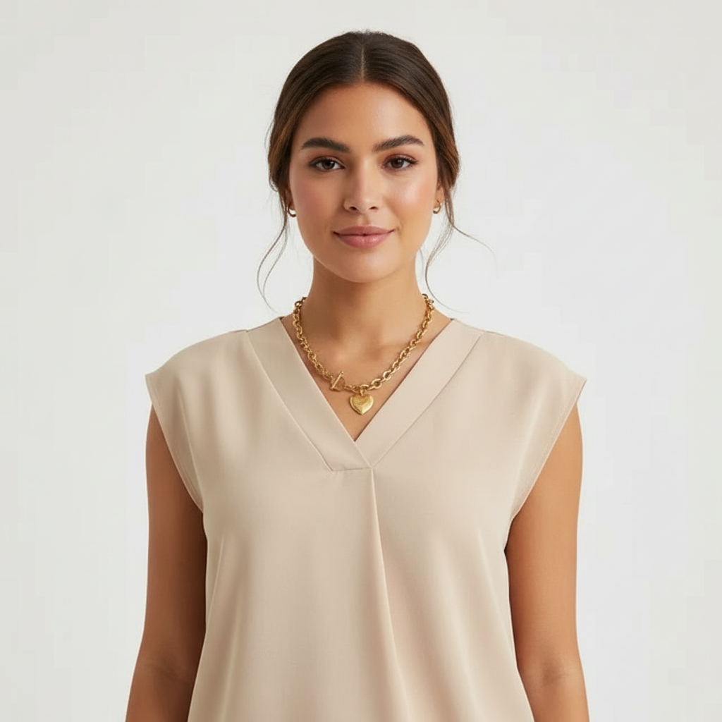 Mouwloze blouse met V-hals in khaki