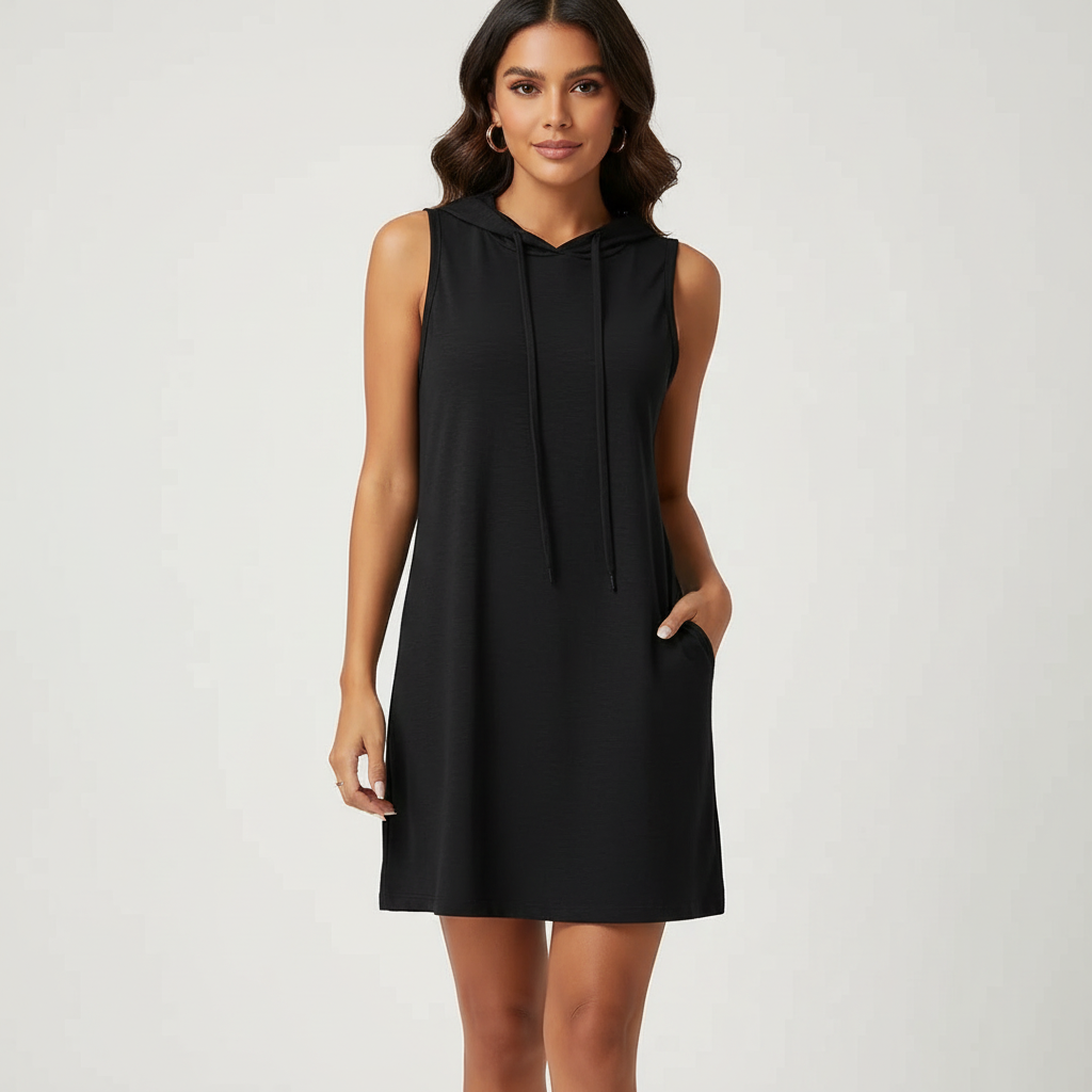 Mouwloze hoodiejurk met capuchon voor dames in zwart