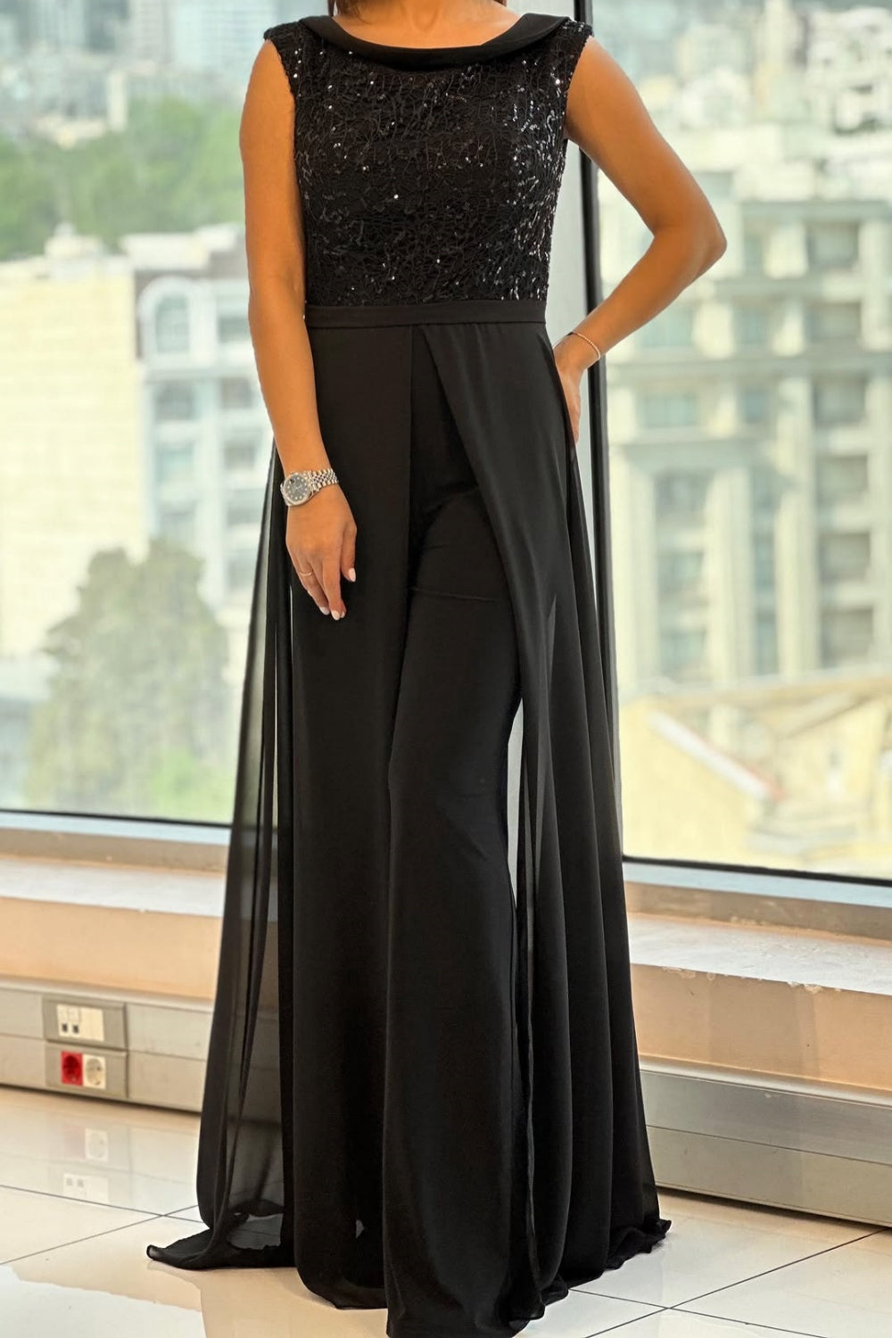 Mouwloze jumpsuit met getextureerde stof voor dames in zwart