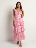 Mouwloze maxi jurk met gelaagde rok in roze